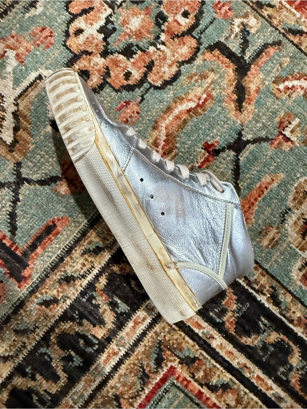 Golden Goose Silver Metallic High-Top Sneakers with Cream Laces and Gold Trim - Picture 2 of 4
